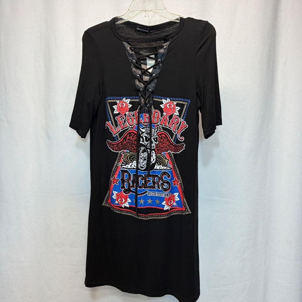 PrettyLittleThing T-Shirt Dress Women S/M Black Lace Up Graphic Racer Skull NEW